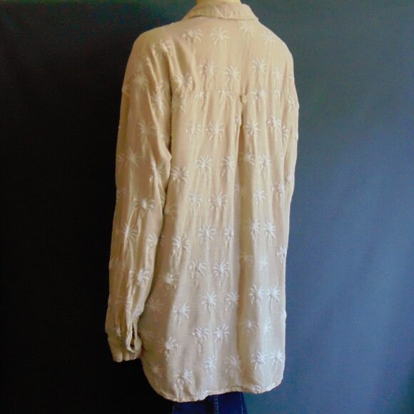 Malai Sand Palm Embroidered White Palm Trees Viscose Linen Cover up Shirt L - Picture 10 of 12